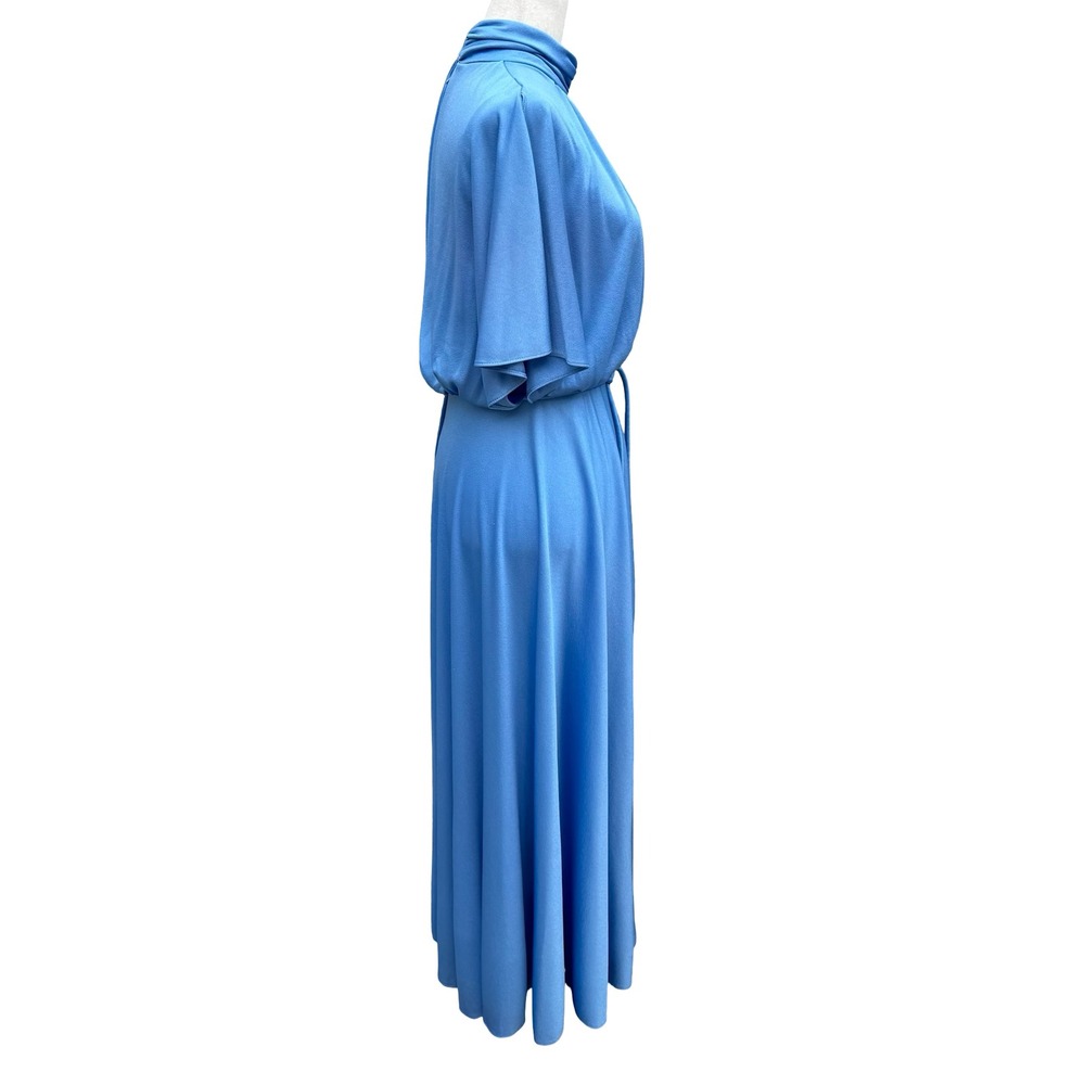 Vintage 70s Blue Mock Neck Cape Sleeve Maxi Dress Disco Gown Tie Waist Blue - Picture 9 of 14